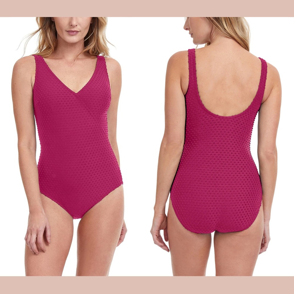 NWT Gottex [ 6 US ] Polka Dot Day Dream Surplice One Piece Swimsuit Merlot T1966